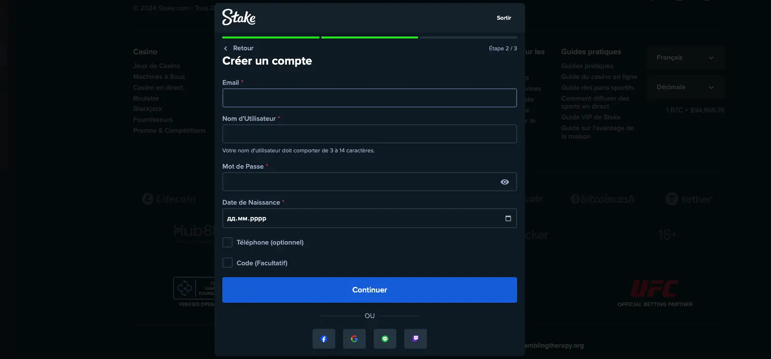 Processus d'inscription simple sur Stake Casino